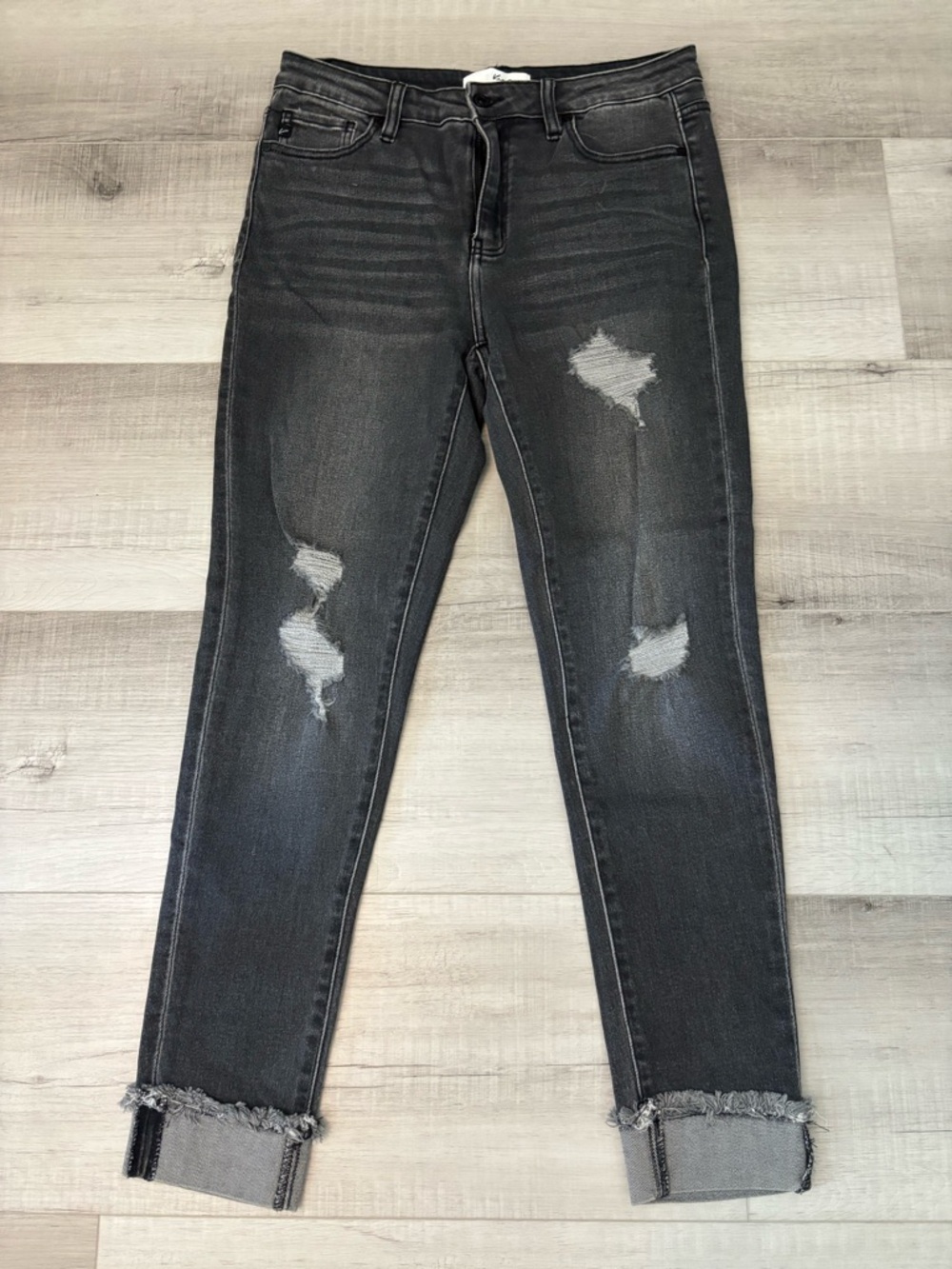 KanCan Black Distressed Skinny Jeans Raw Hem Cuffed Stretch Size 11/29